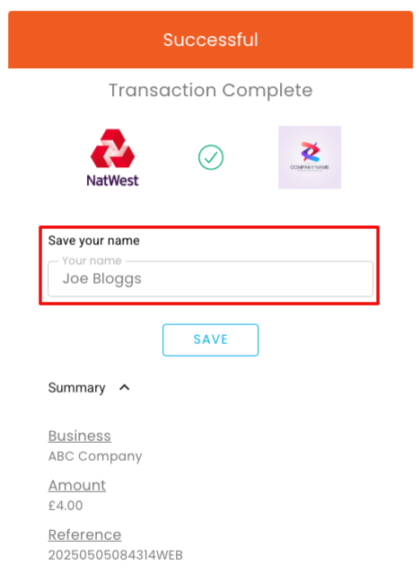 Ask for Customer Name After Successful Payment example