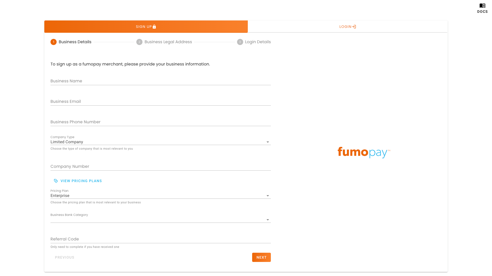 Business signup screen. Step One